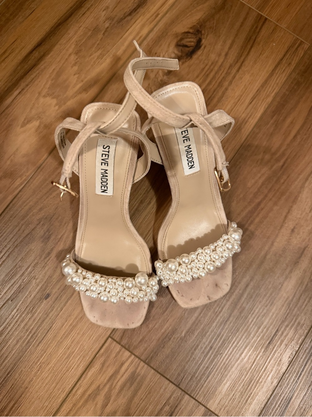 Steve Madden Pearl-Embellished Beige Suede Ankle-Strap Heels